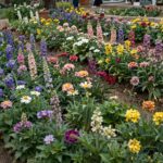 루피너스 꽃이 만개한 정원 풍경 다양한 색상의 루피너스 꽃대가 하늘을 향해 솟아있다