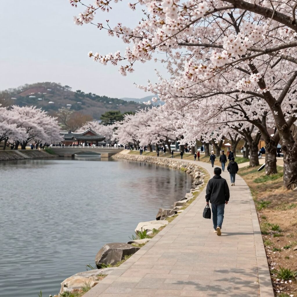 만석거 새빛축제 벚꽃 만개한 호수와 산책로 풍경