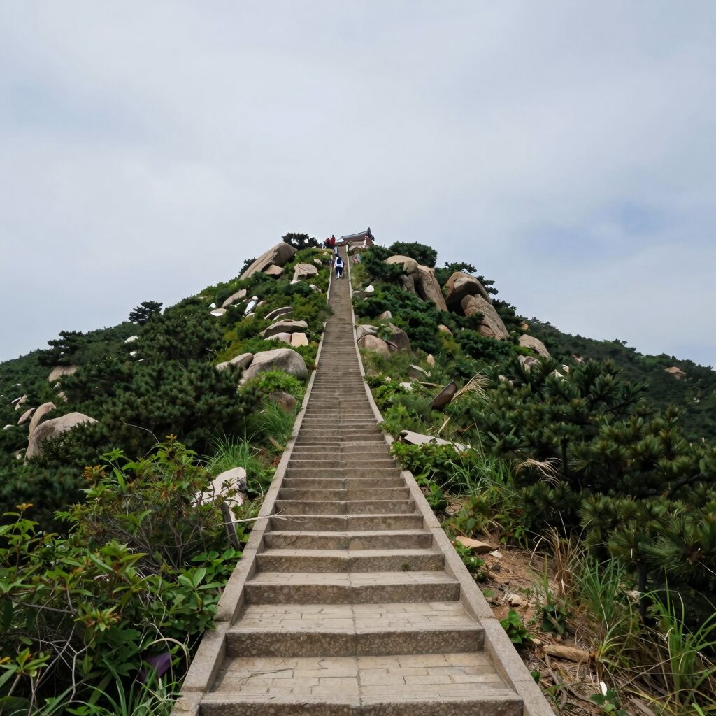 가파른 계단이 이어지는 화순 만연산 등산로와 산중턱에서 바라본 전망