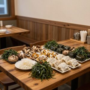 부산 해랑 식당 내부, 미더덕회와 달래김밥이 놓인 테이블