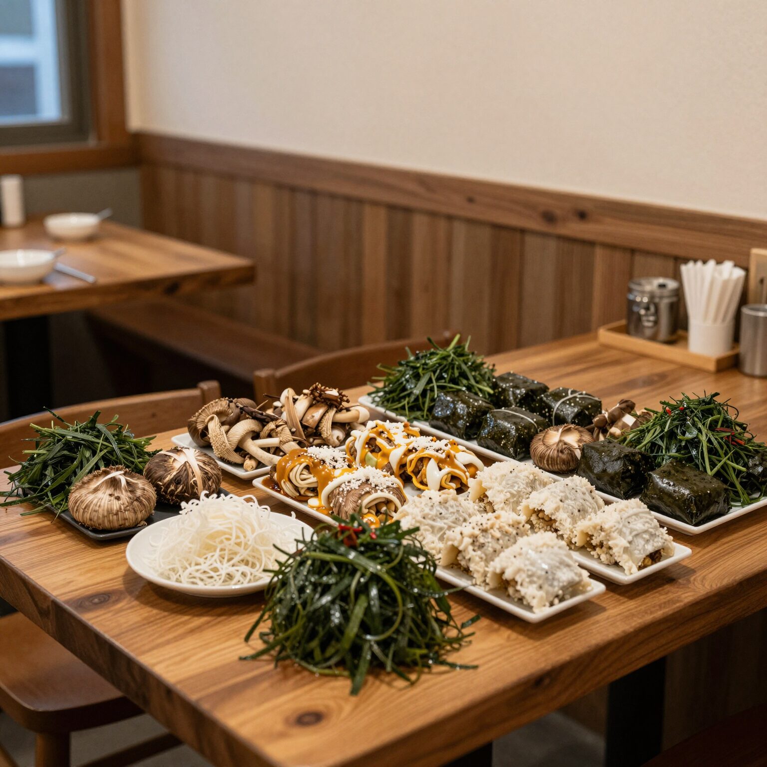 부산 해랑 식당 내부, 미더덕회와 달래김밥이 놓인 테이블