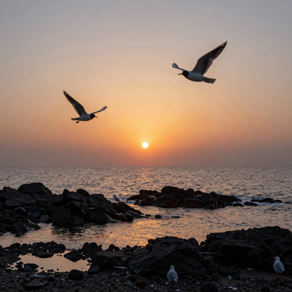 저녁 노을이 아름다운 남해 미조항 풍경과 갈매기