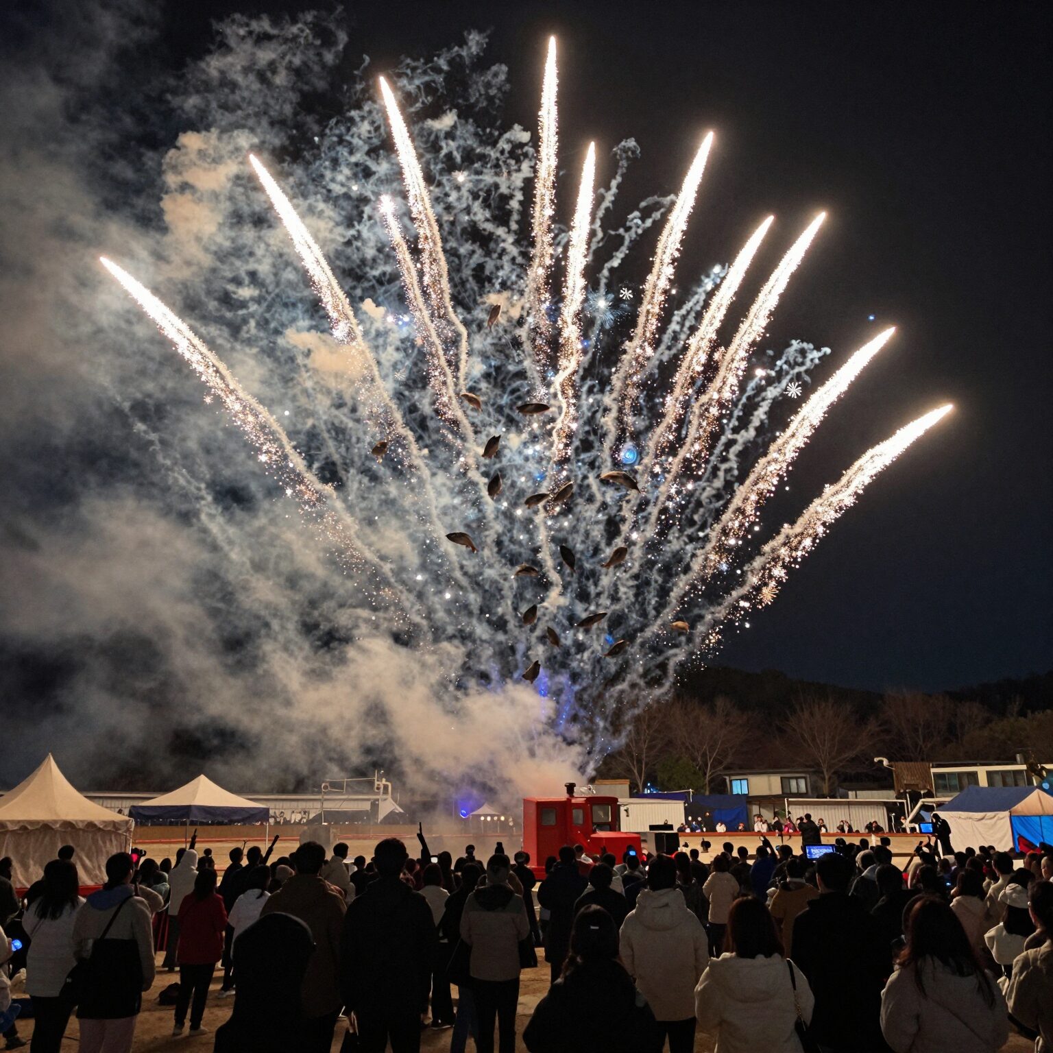미조항 멸치축제 불꽃놀이가 밤하늘을 수놓는 장면