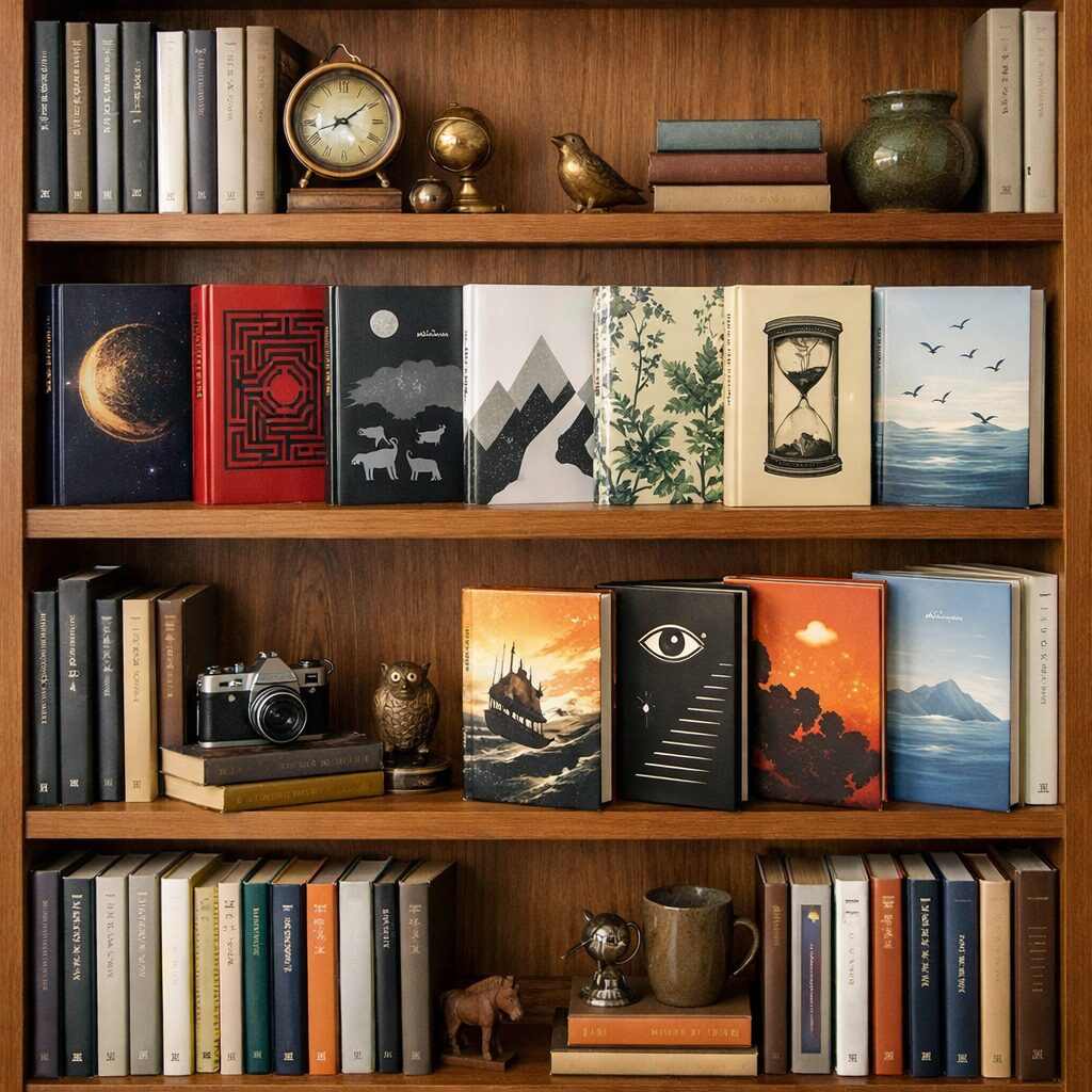 2026년 민음사 북클럽 에디션 도서들로 꾸며진 서재 책장, 특별한 디자인의 한정판 책 표지들