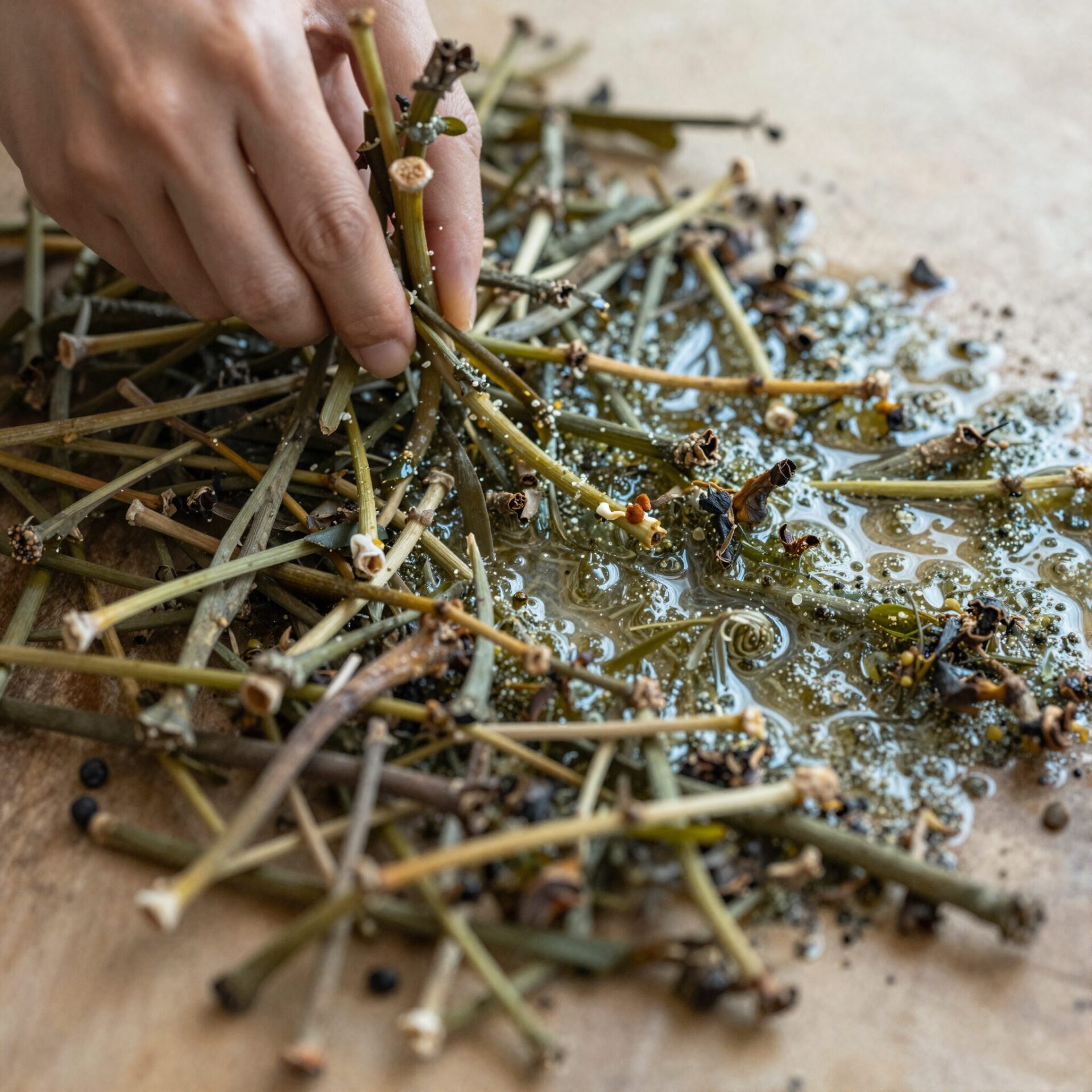 깨끗이 씻어 물기를 뺀 명이나물과 장아찌 간장 양념을 만드는 과정