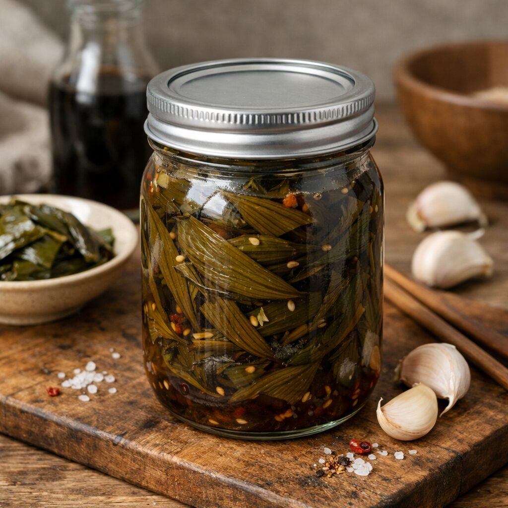 명이나물 장아찌 담근 후 유리병에 담긴 모습, 아삭한 줄기와 카키색으로 변한 잎이 보임