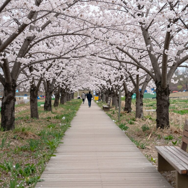 나주 영산강 유채꽃밭 전경과 나무 데크다리