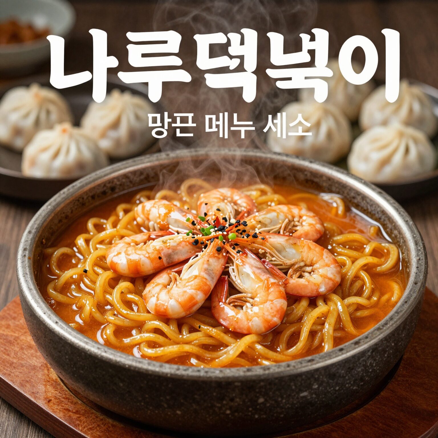 나루떡볶이 대표 메뉴 세트 사진 떡볶이 새우김말이 군당면만두가 담긴 테이블