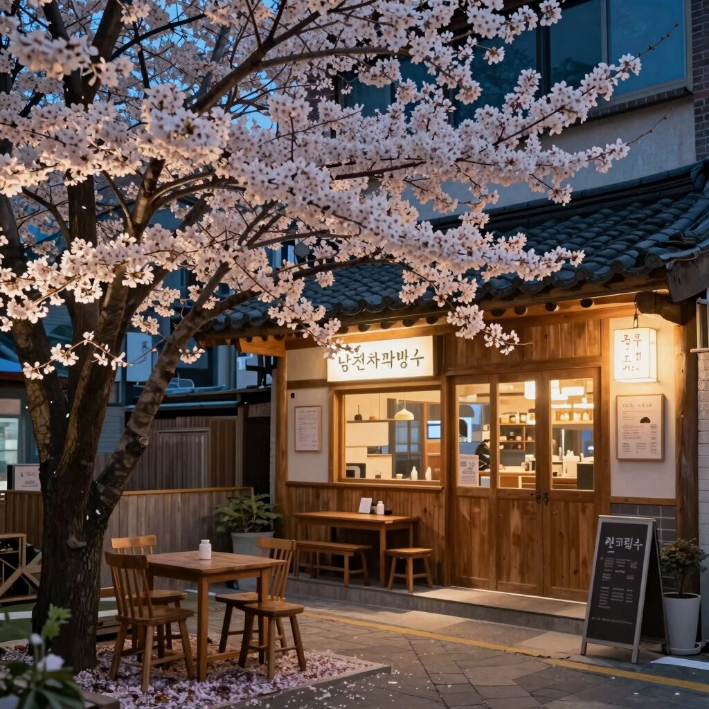 밤에 조명이 켜진 남천녹차팥빙수 카페의 등나무꽃 풍경