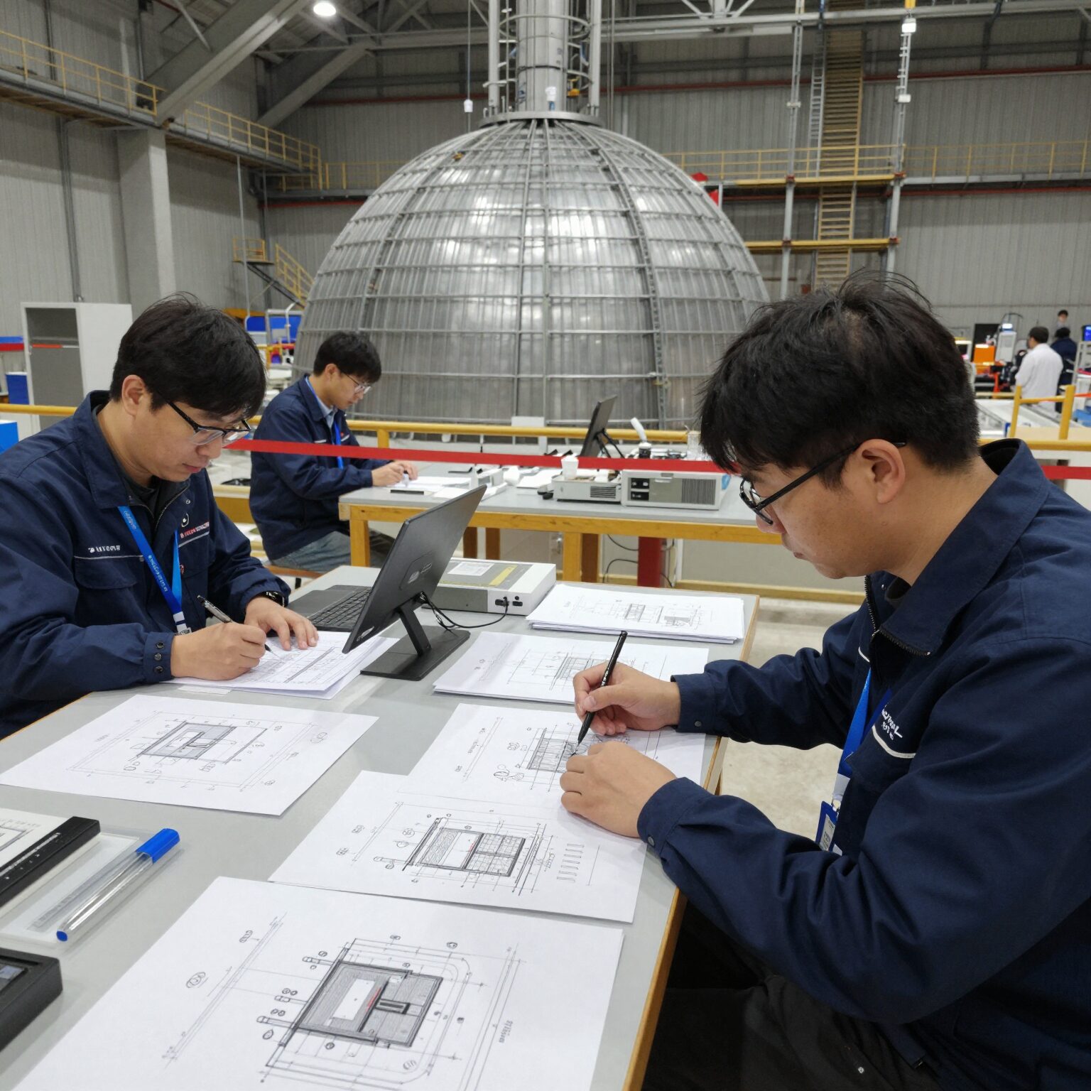 체코 두코바니 원전 건설 현장과 설계도면을 분석하는 엔지니어들