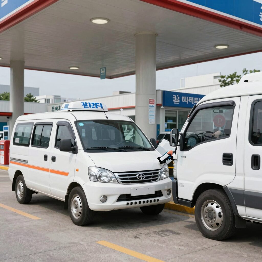 고유가 지원금 대상 영업용 화물차와 택시가 주유소에서 주유하는 모습