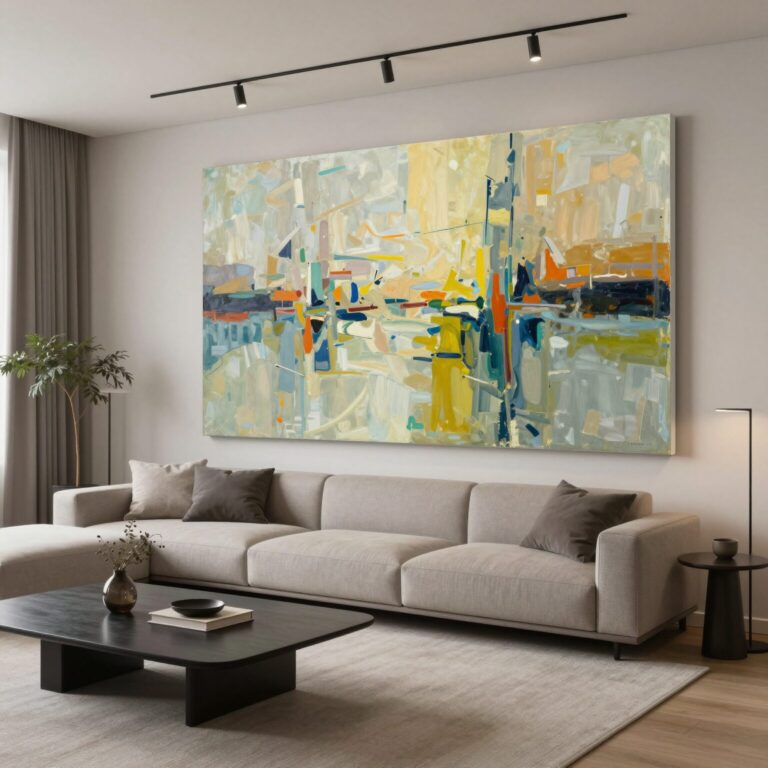 오픈갤러리 그림 렌탈로 꾸민 현대적 거실 인테리어, 벽에 걸린 대형 추상화 작품