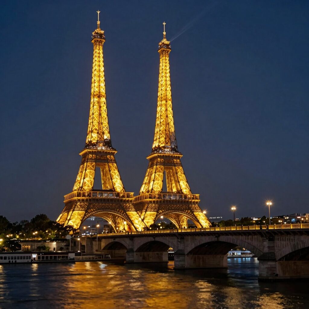 5월 파리 센강 위 바토무슈에서 바라본 에펠탑 노을과 다리의 황금빛 조명