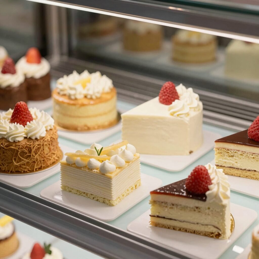 파리바게트 케이크 진열대 다양한 생크림 케이크와 조각 케이크