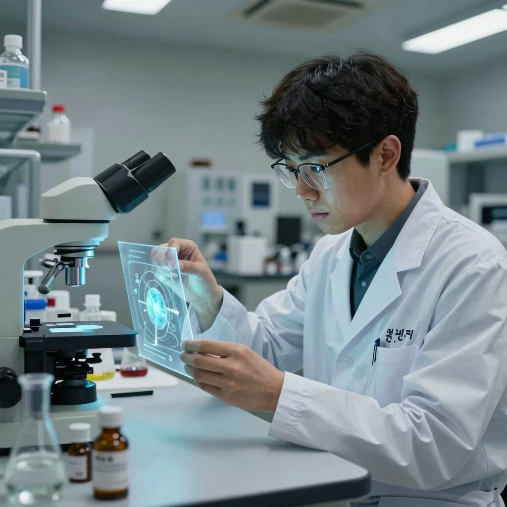 연구실에서 백신 또는 치료제 개발을 분석하는 과학자