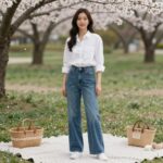 와이드 데님 팬츠와 화이트 셔츠를 매치한 여성의 봄 피크닉 코디