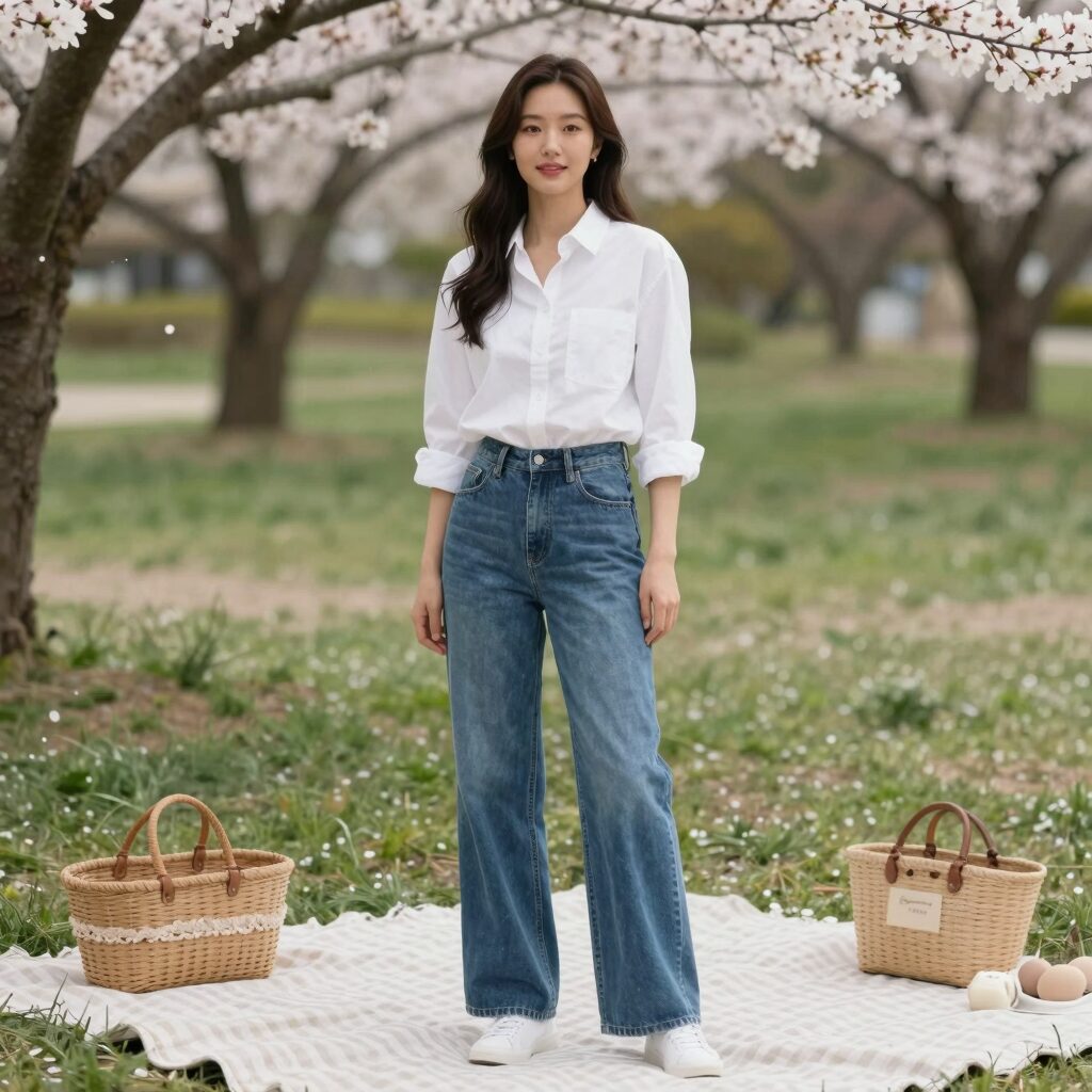 와이드 데님 팬츠와 화이트 셔츠를 매치한 여성의 봄 피크닉 코디가 돗자리 위에서 자연스럽게 포즈를 취하고 있다