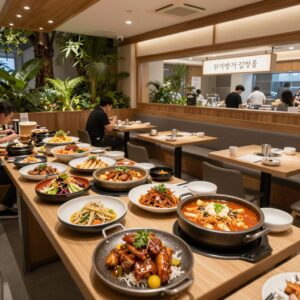 부경대학교 라일락 식당 내부 전경과 다양한 한식 뷔페 메뉴