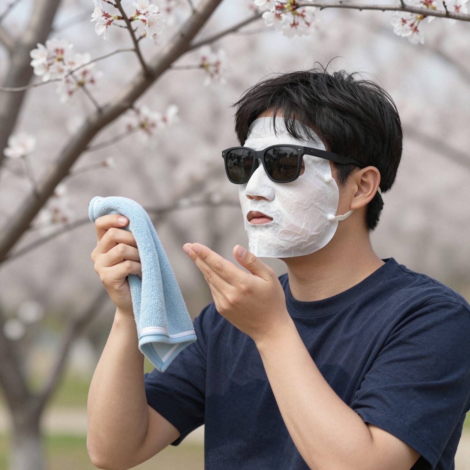 봄철 꽃가루 알레르기 관리법을 설명하는 이미지, 마스크와 선글라스를 착용한 사람과 집안 청소 아이콘