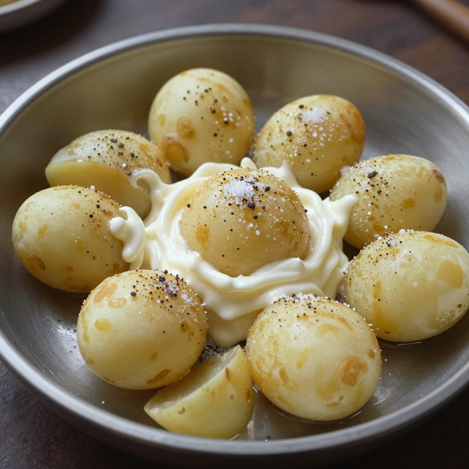 으깬 감자에 마요네즈와 소금 후추를 넣고 섞는 모습