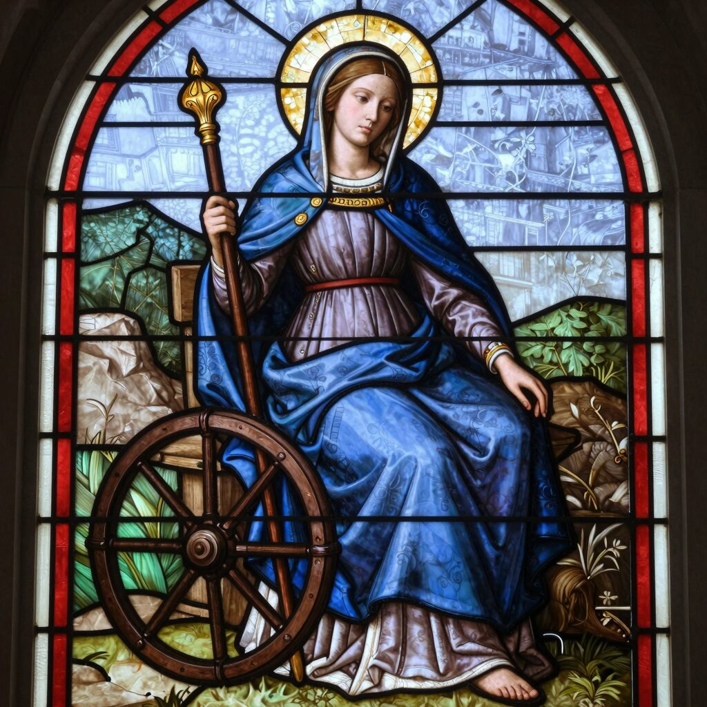 알렉산드리아 성녀 카타리나 바퀴와 칼을 들고 있는 중세 스테인드글라스 이미지