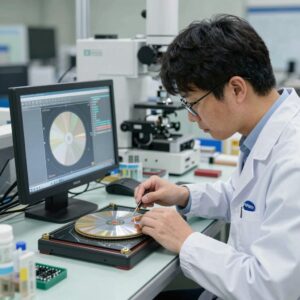 삼성전자 HBM4 생산라인에서 반도체 웨이퍼를 검사하는 장면