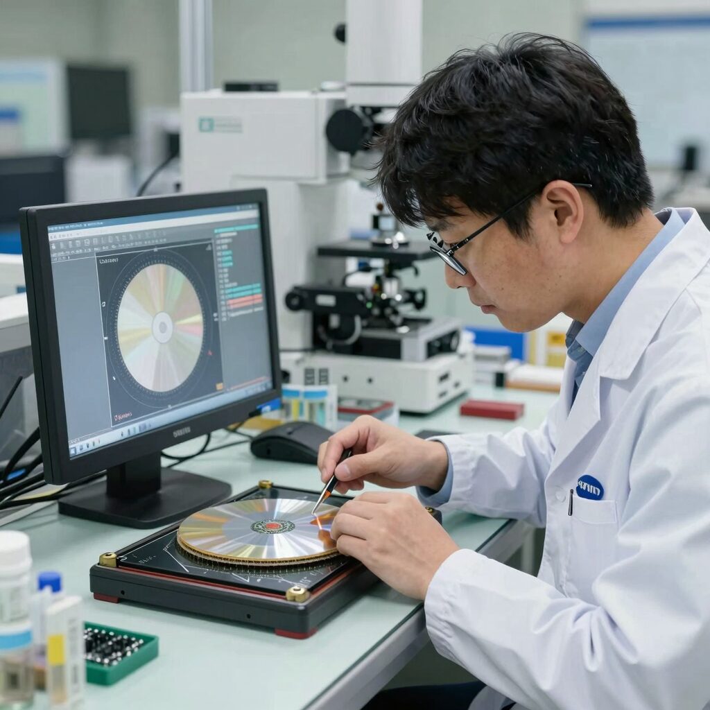 삼성전자 HBM4 생산라인에서 반도체 웨이퍼를 검사하는 장면