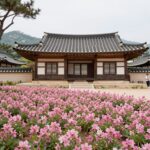 산청 대명사 대웅전 앞마당에 핀 분홍색 꽃잔디와 전통 한옥 건물 풍경