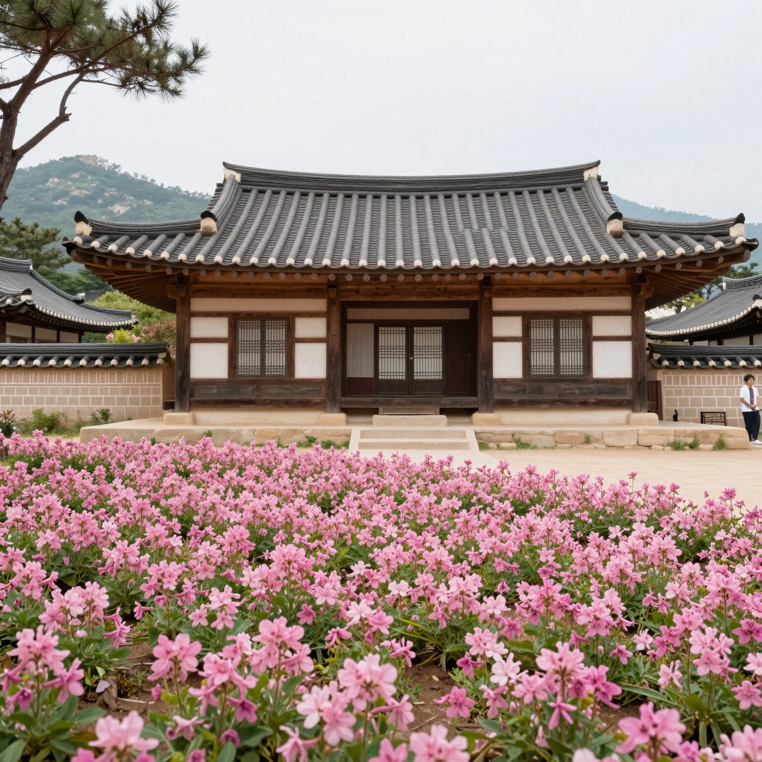 산청 대명사 대웅전 앞마당에 핀 분홍색 꽃잔디와 전통 한옥 건물 풍경