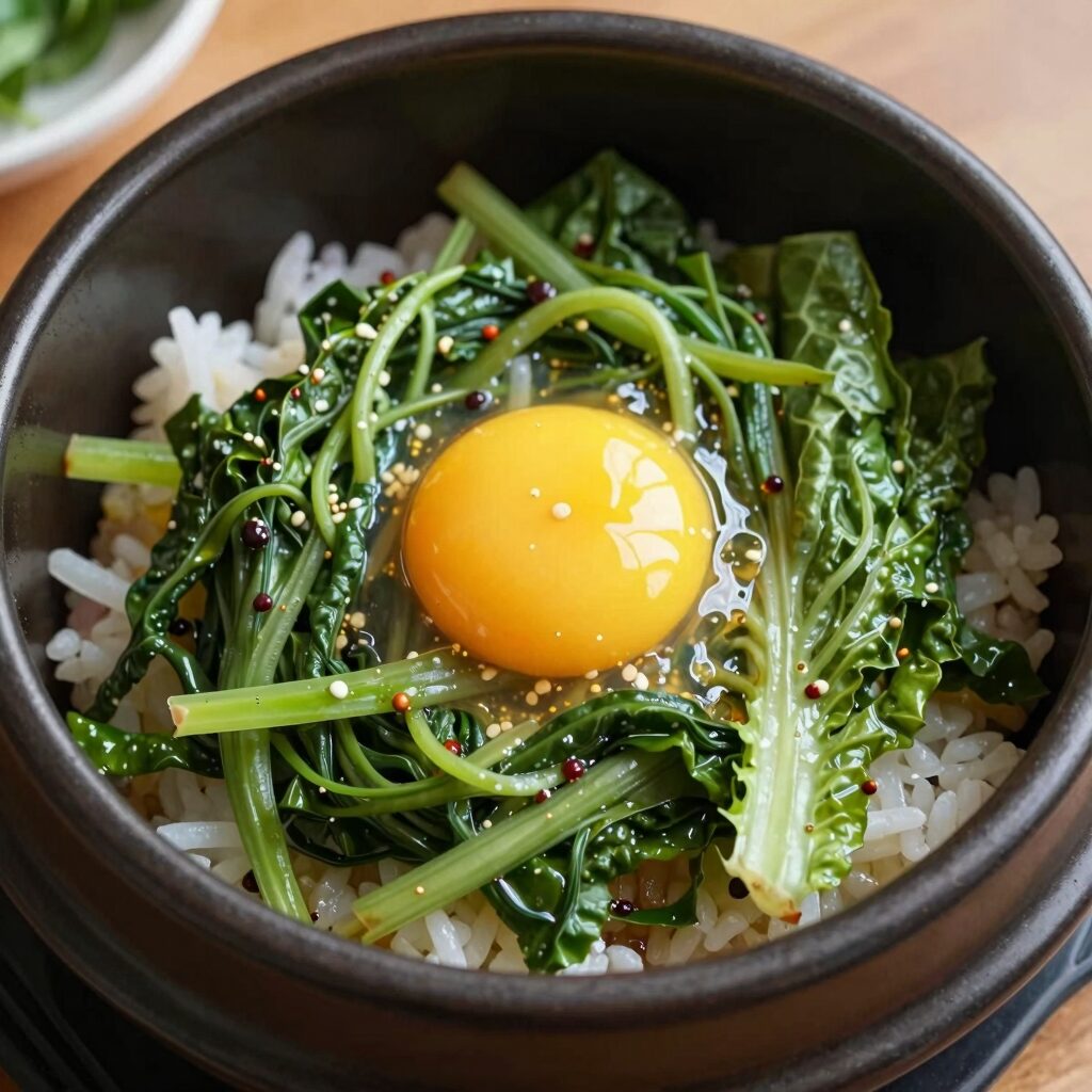 그릇에 담긴 상추겉절이 위에 밥과 반숙 계란 프라이가 얹어진 성시경 스타일 비빔밥