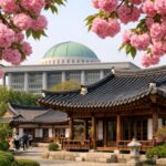 국회의사당 사랑재 앞에서 핀 화려한 분홍색 겹벚꽃과 전통 한옥 지붕이 함께 보이는 봄 풍경