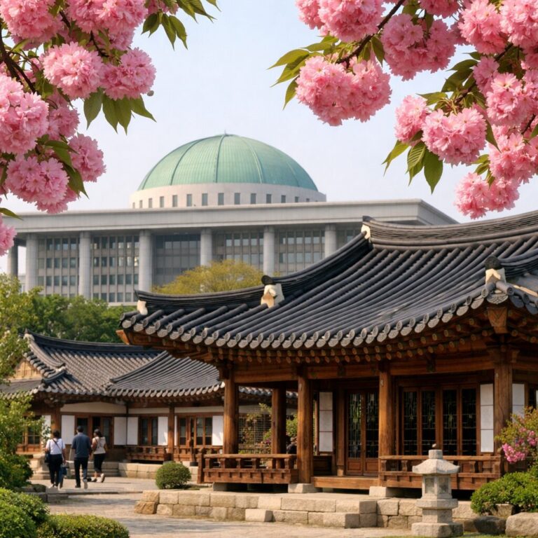 국회의사당 사랑재 앞에서 핀 화려한 분홍색 겹벚꽃과 전통 한옥 지붕이 함께 보이는 봄 풍경