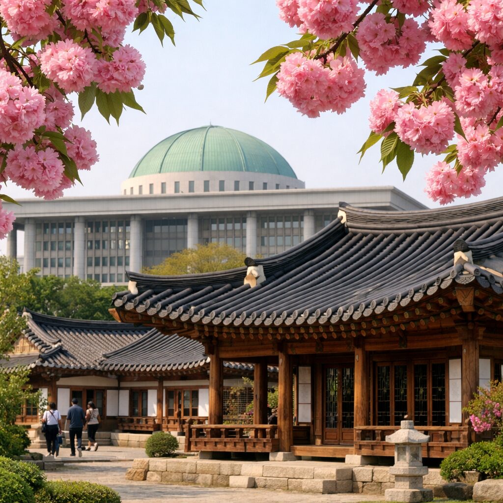 국회의사당 사랑재 앞에서 핀 화려한 분홍색 겹벚꽃과 전통 한옥 지붕이 함께 보이는 봄 풍경
