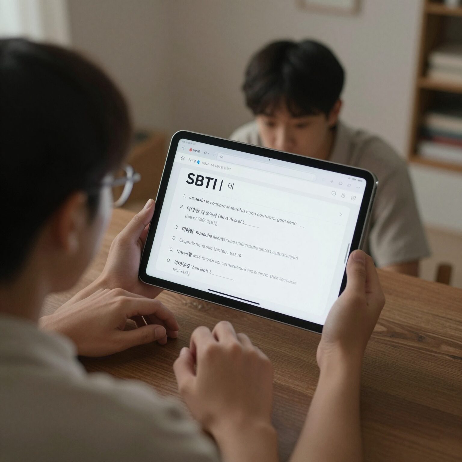 태블릿으로 SBTI 테스트 문항을 풀고 있는 모습