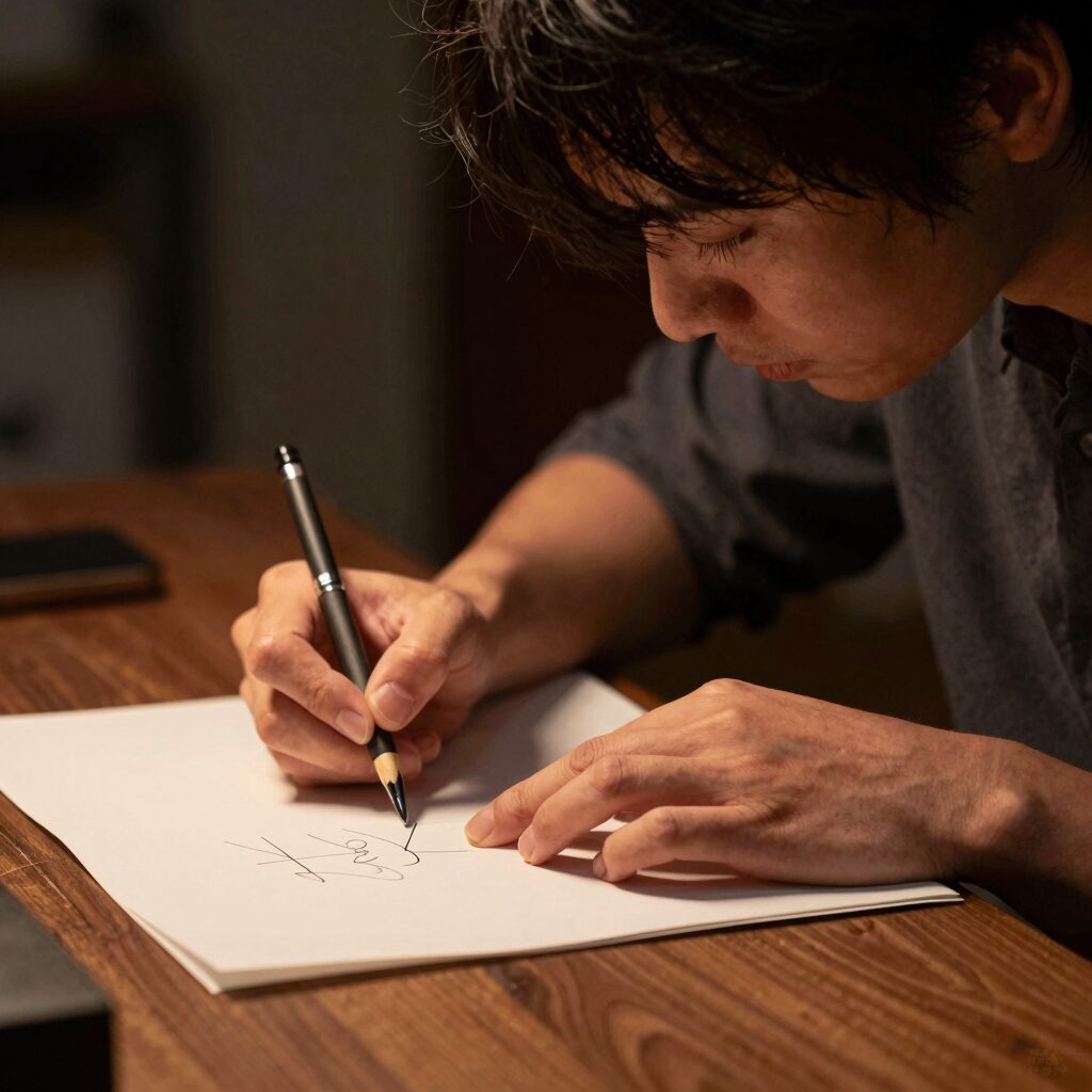 은밀한 감사 주인아가 감사 일기를 쓰는 손의 모습. 따뜻한 조명 아래 무언가를 조용히 적고 있다.