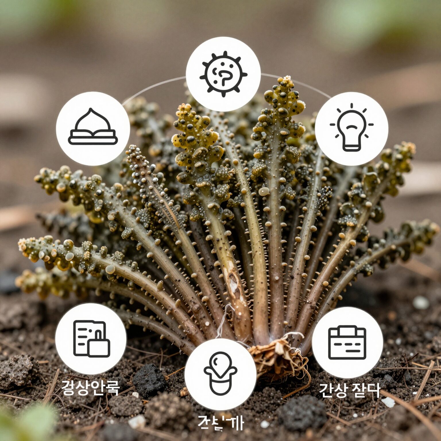 싱싱한 돌나물과 다양한 건강 효능을 설명하는 아이콘들이 함께 배치된 이미지