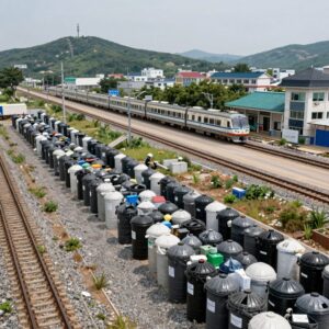 준공공재 예시로 쓰레기 처리 시설과 지방 철도 역을 보여주는 이미지