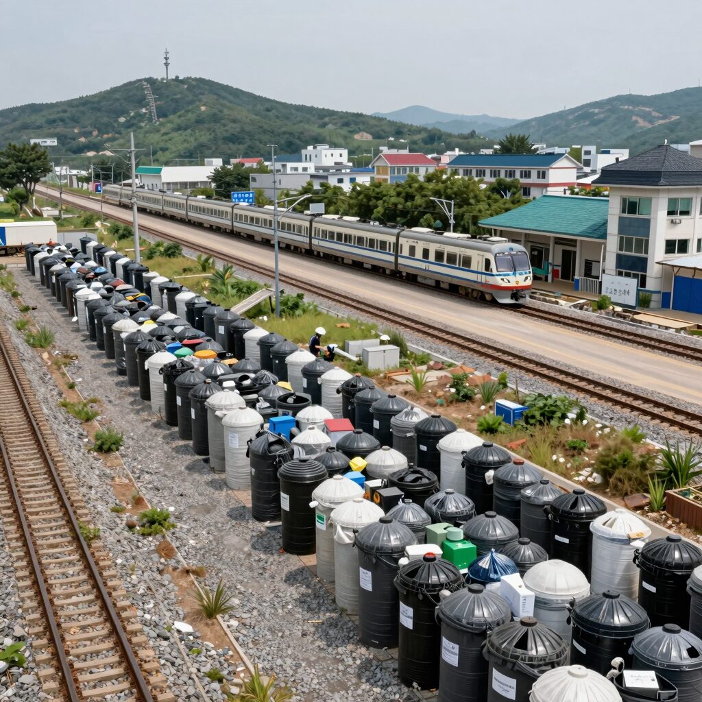 준공공재 예시로 쓰레기 처리 시설과 지방 철도 역을 보여주는 이미지