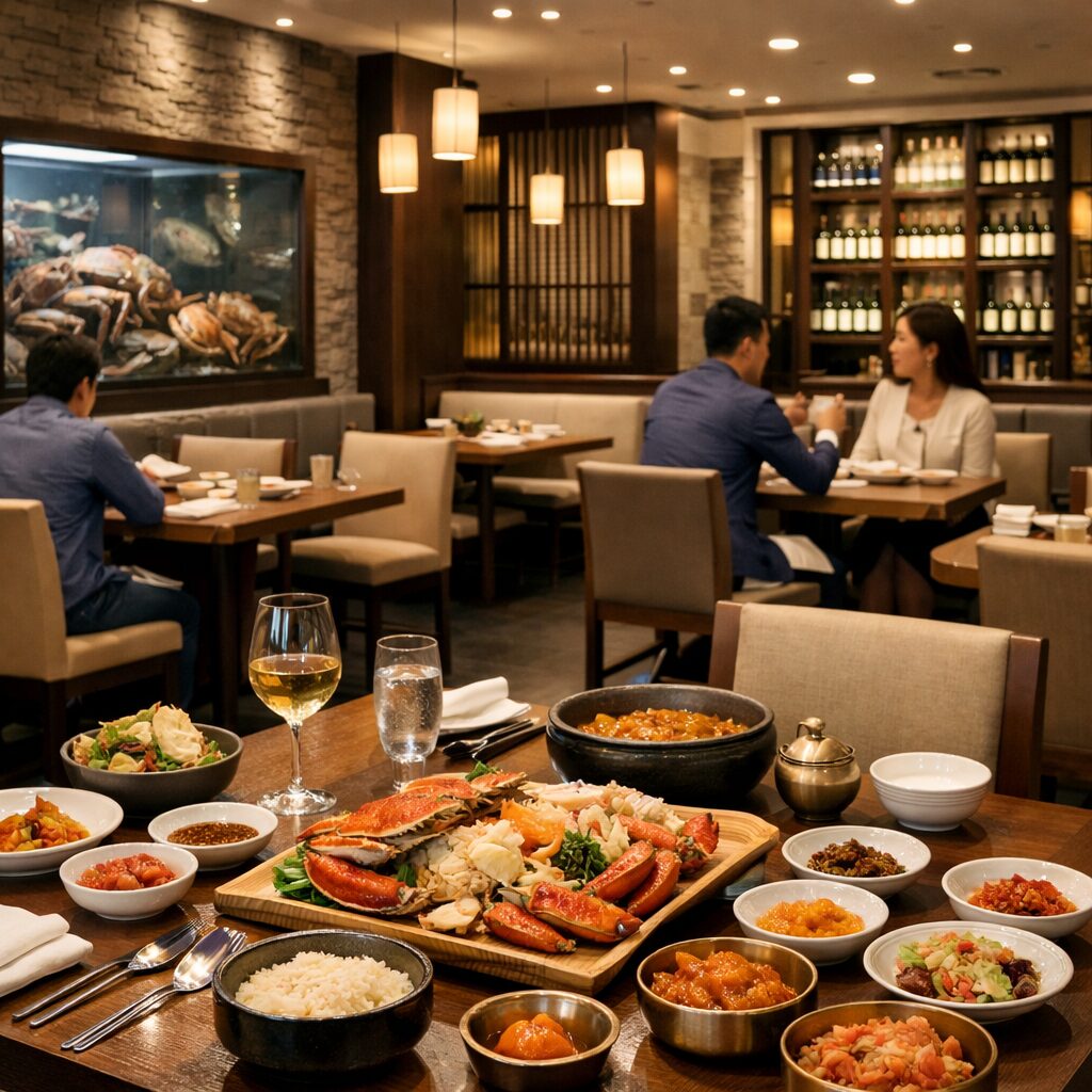 석암게찬의 고급스럽고 쾌적한 내부 인테리어와 테이블