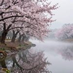 화순 세량지 봄 물안개와 산벚꽃 반영 풍경 화순 세량지 봄날 아침 물안개와 분홍색 산벚꽃이 수면에 반사된 평화로운 풍경