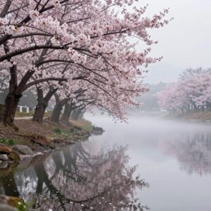 화순 세량지 봄날 아침 물안개와 분홍색 산벚꽃이 수면에 반사된 평화로운 풍경
