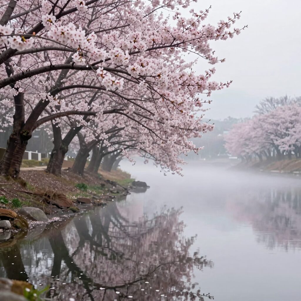 화순 세량지 봄날 아침 물안개와 분홍색 산벚꽃이 수면에 반사된 평화로운 풍경