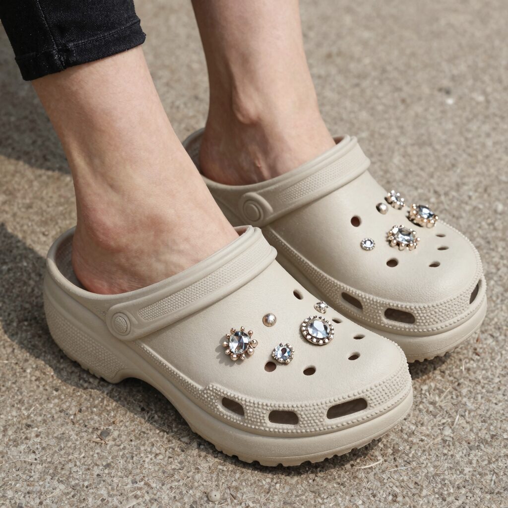 아이유 크록스 시몬로샤 샌들의 진주와 크리스탈 디테일 클로즈업 사진