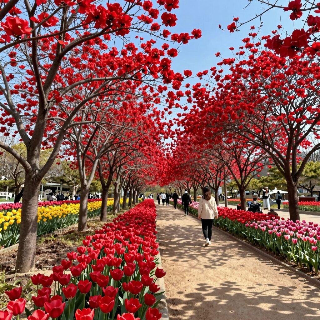 신안튤립공원 홍매화정원의 붉은 매화가 만개한 모습, 꽃길과 푸른 하늘이 조화를 이룬 풍경
