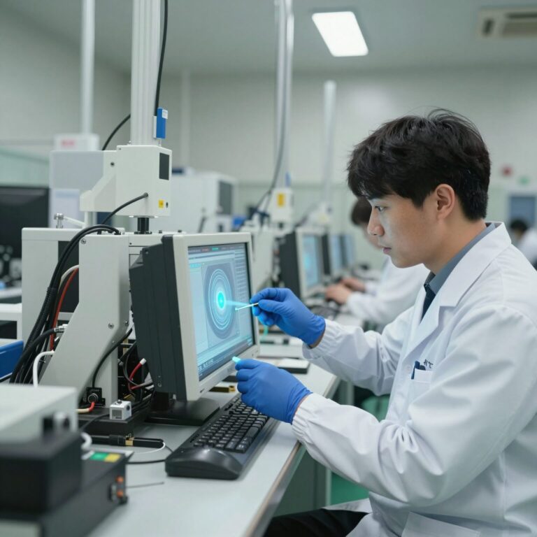 SK하이닉스 청주 공장 내 생산직 근무 장면, 깨끗한 무塵실 환경에서 장비를 점검하는 모습