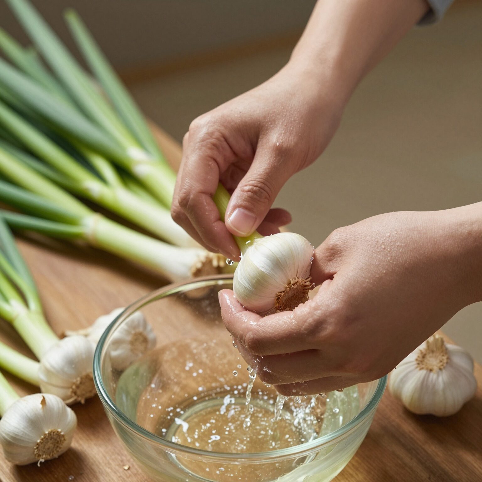 신선한 봄 제철 마늘쫑을 손질하고 씻는 모습
