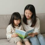 아이와 엄마가 소파에 앉아 봄동요 책을 보며 함께 웃고 있는 모습