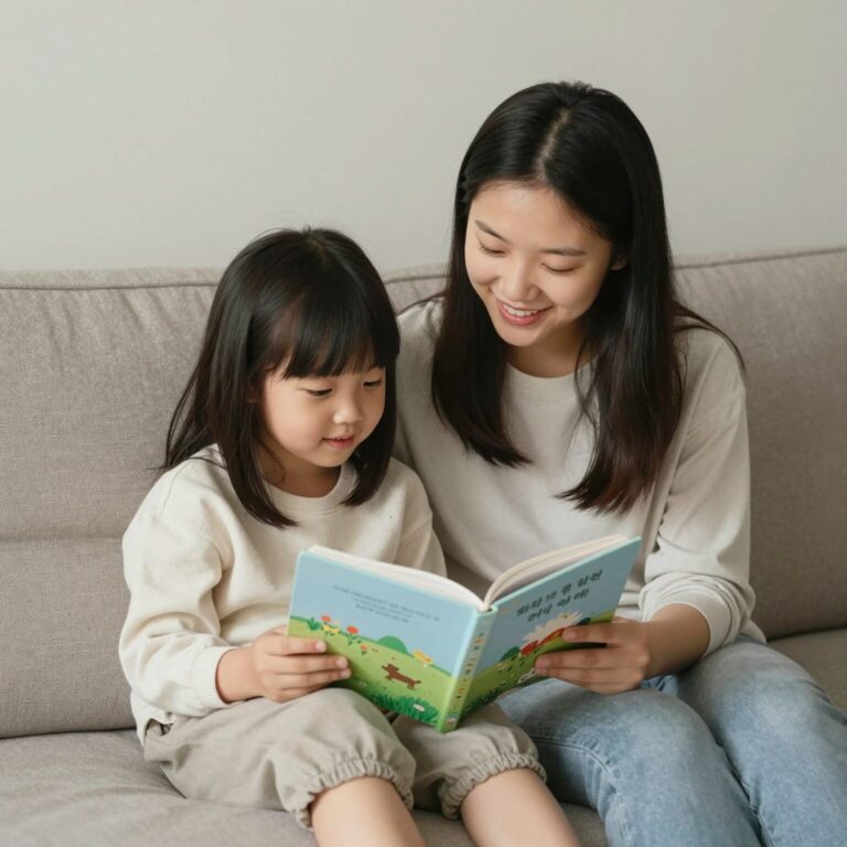 아이와 엄마가 소파에 앉아 봄동요 책을 보며 함께 웃고 있는 모습
