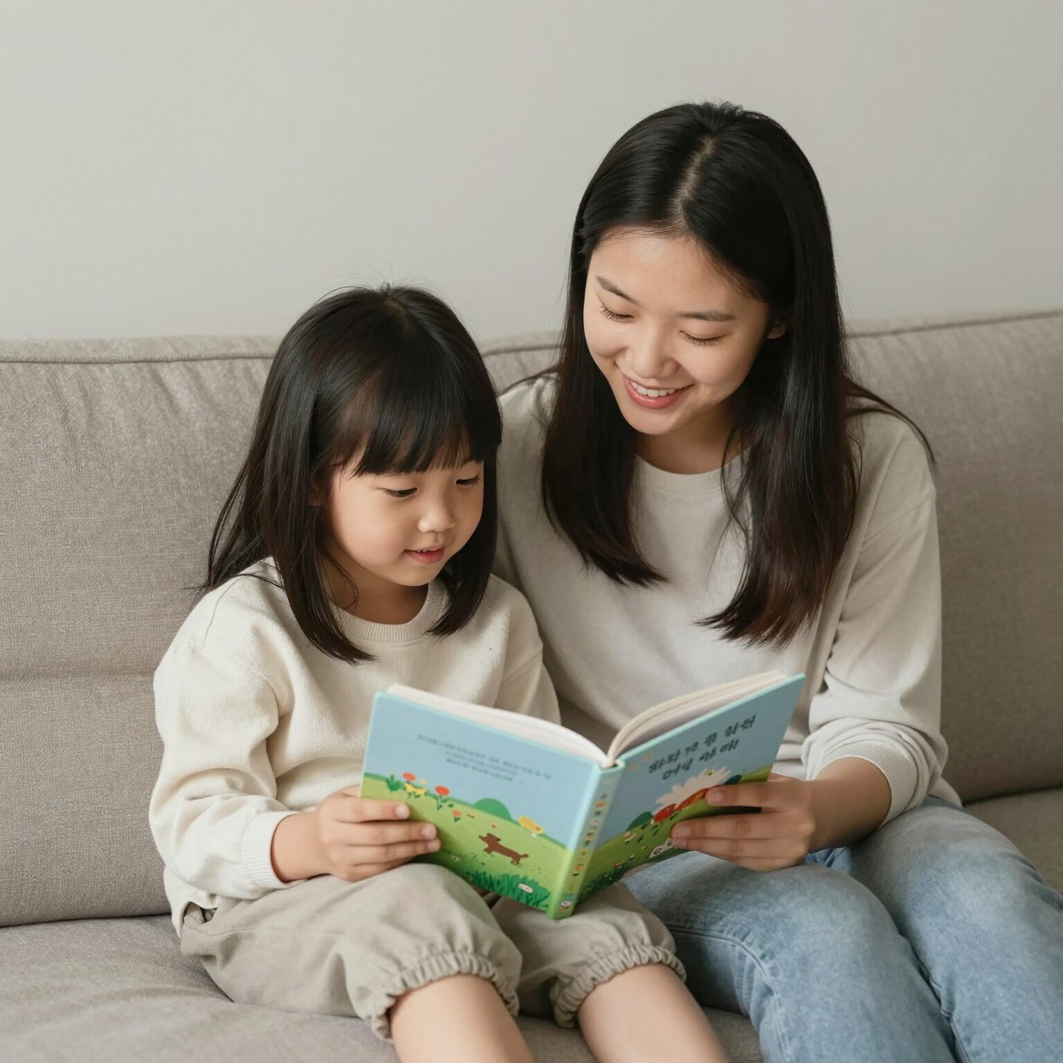 아이와 엄마가 소파에 앉아 봄동요 책을 보며 함께 웃고 있는 모습