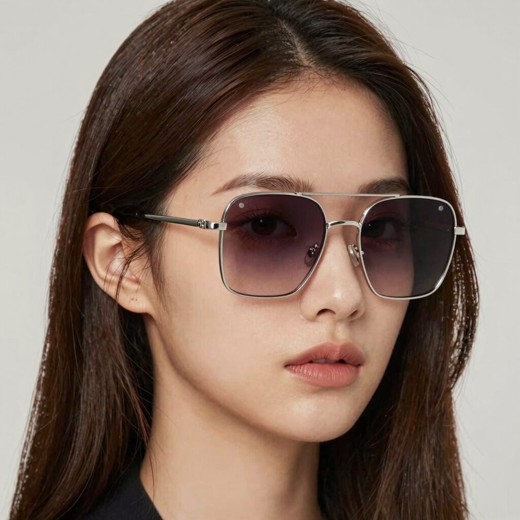 2026년 봄 여자선글라스 오버사이즈 스퀘어와 캣아이 메탈 프레임 모델이 착용한 모습